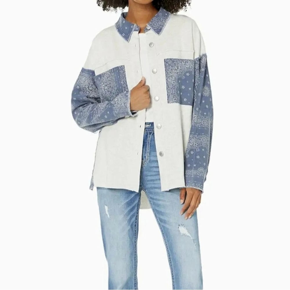 Miss Me Bohemian Bandana Distressed Shacket Size S Oversized Button Front - Picture 1 of 1